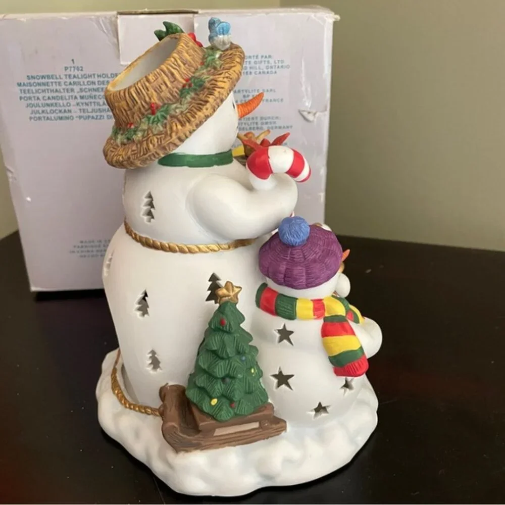 Retired Partylite P7702 Snowbell Snowman Family Ceramic Tealight Holder